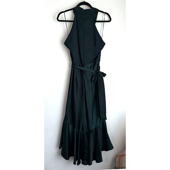 NWT Taylor Halter Neck Midi Dress Green Cross Satin Sleeveless Fit Flare Mermaid - Picture 3 of 11